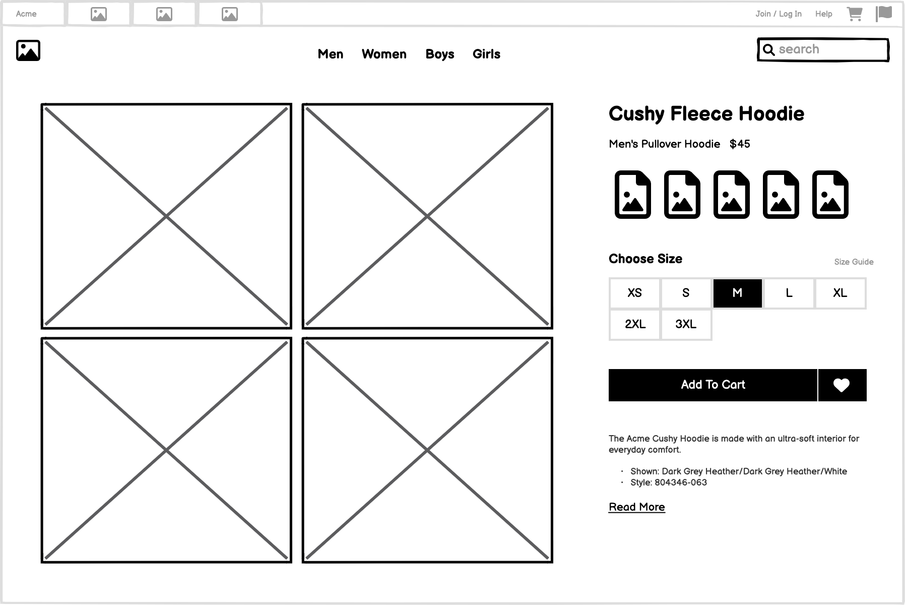 Wireframe mockup of a product page for a cushy fleece hoodie with image gallery, size selector, and add-to-cart button